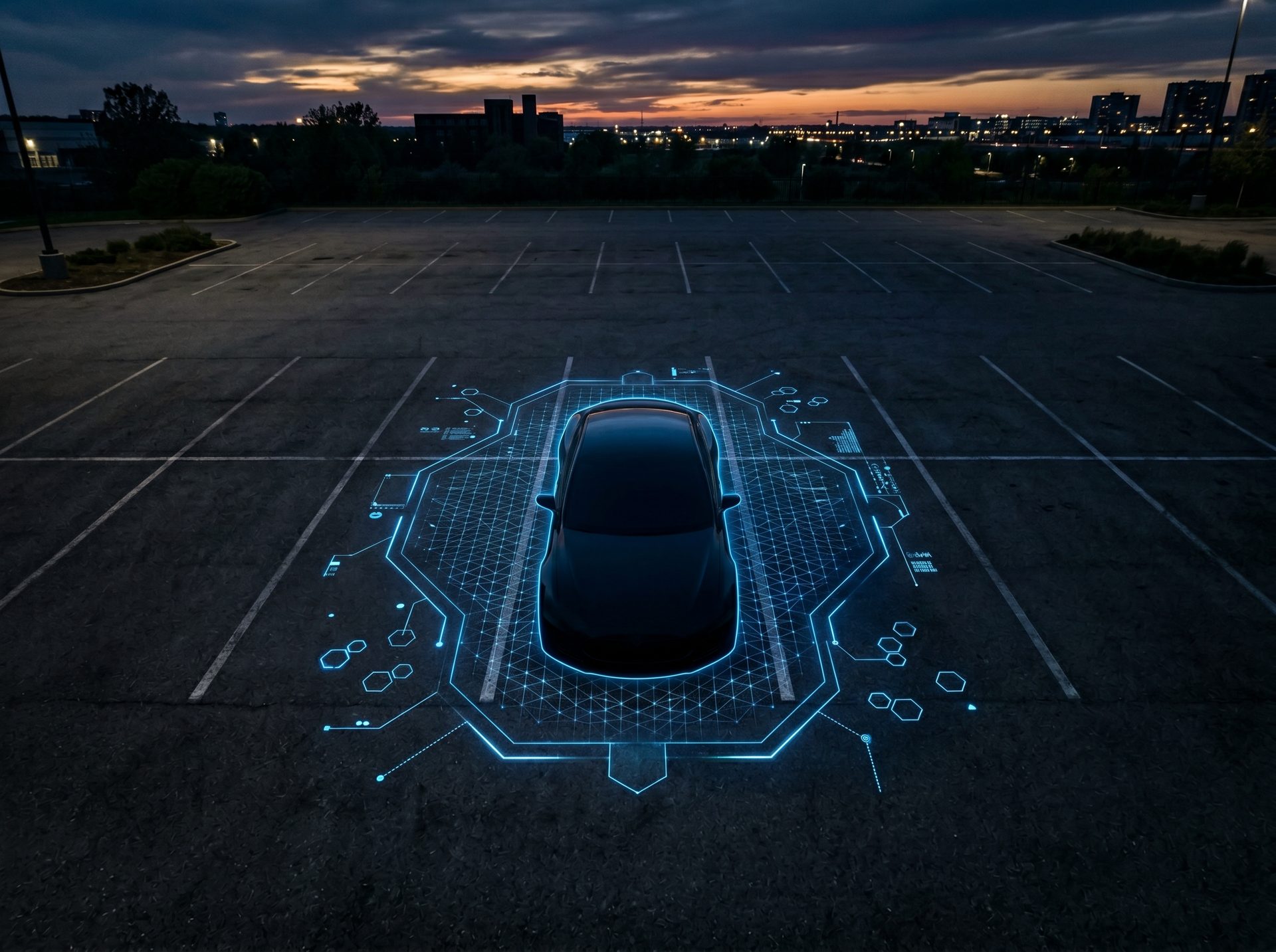 Car on a parking lot with digital overlay